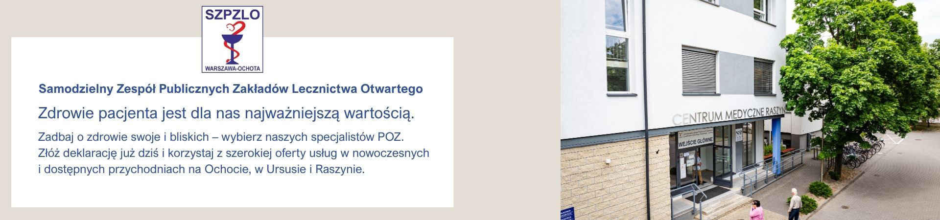 Slajd promujący Centrum Medyczne Raszyn – informacja o dostępności specjalistów POZ oraz zachęta do składania deklaracji wyboru placówki Centrum Medyczne Raszyn. Logo NFZ.